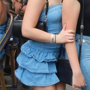 SHEIN Light Blue Strapless Tiered Ruffle Mini Dress